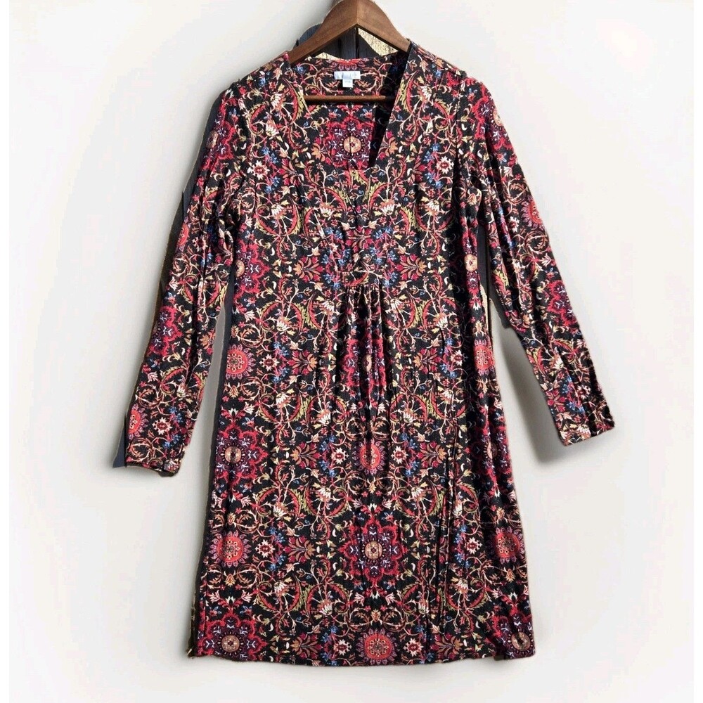 J Jill Red Black Floral Dress Women Small Long Sleeve Knee Length Soft Knit‎